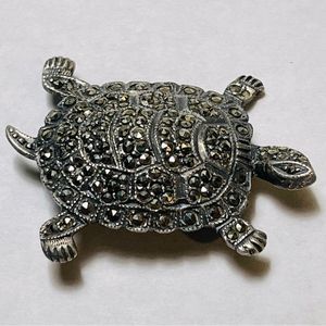 Vintage 60’s Turtle Marcasite 925 Sterling Silver Brooch Pin Jewelry Trib…